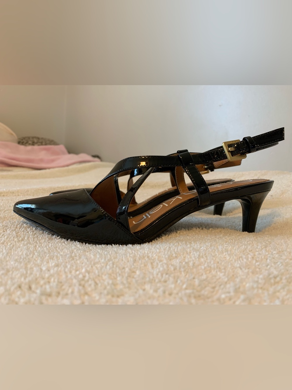 Calvin Klein Black Patent Cross-Strap Heels - Picture 3 of 7